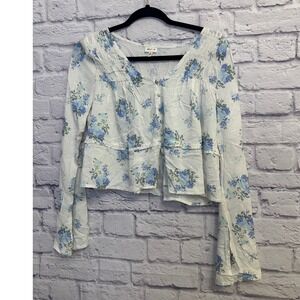Selfie White Floral Print Long Sleeve Crop Top Blouse - Medium